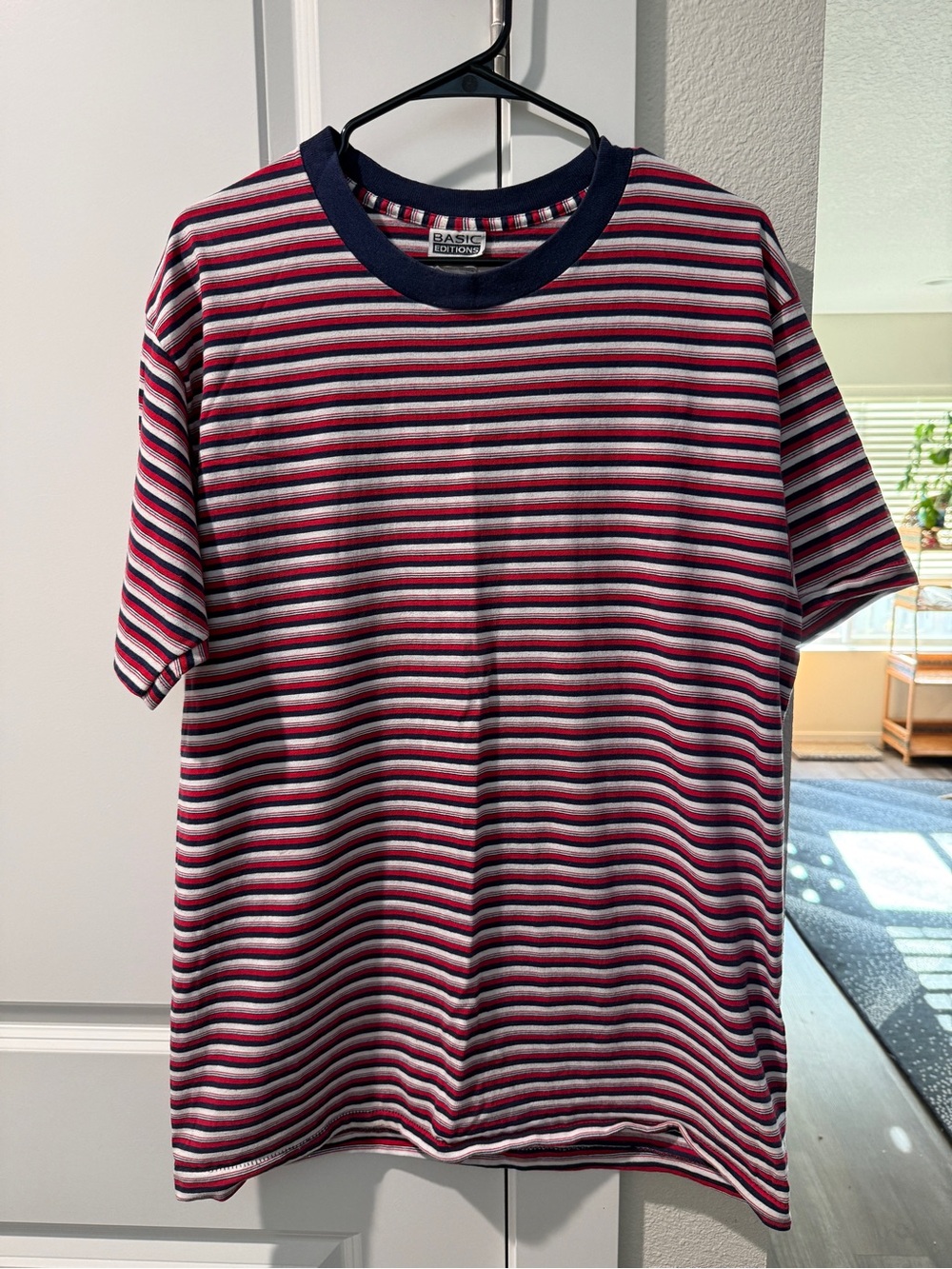 Vintage 1990’s- Basic Editions Men’s Red & Navy Striped Crew Neck T-Shirt